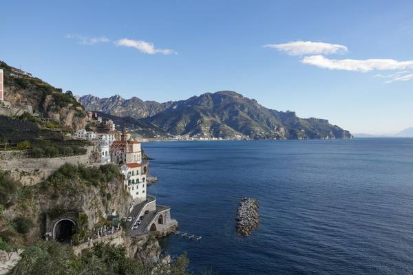 Stunning view of the Amalfi Coast with Mediterranean architecture and azure waters.