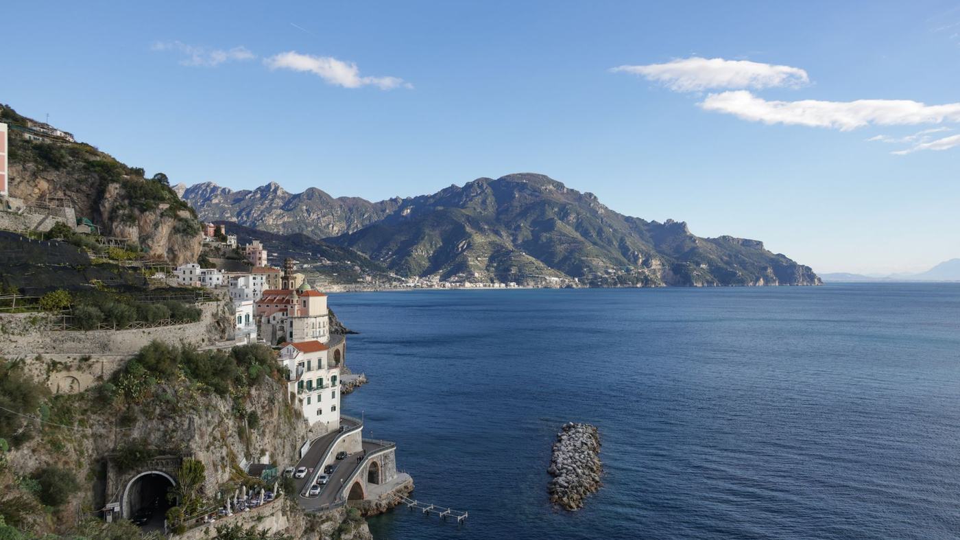 Stunning view of the Amalfi Coast with Mediterranean architecture and azure waters.