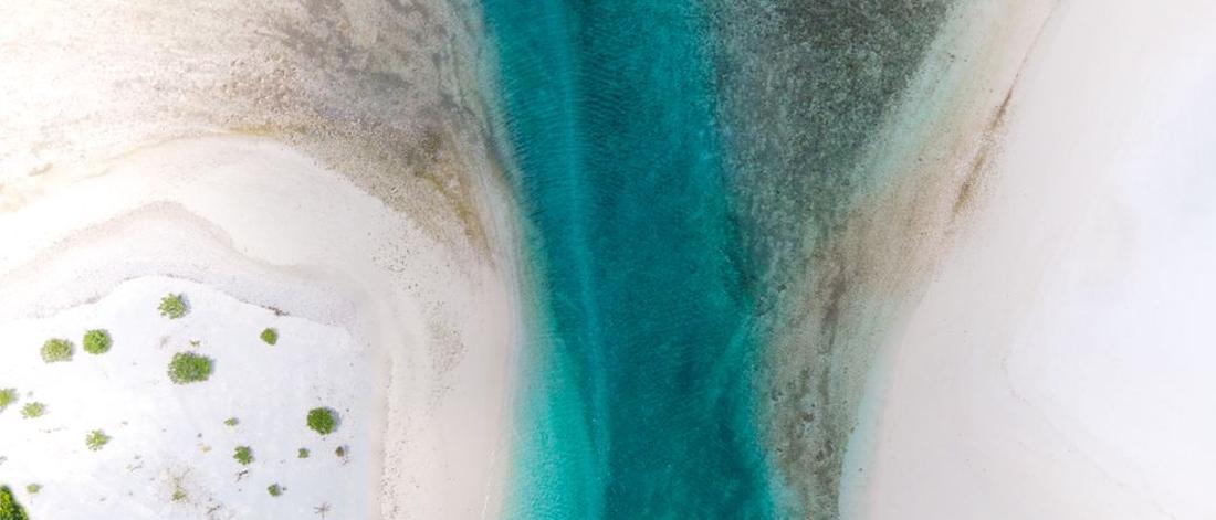 Stunning aerial shot of turquoise water and lush foliage in Kaafu Atoll, Maldives.